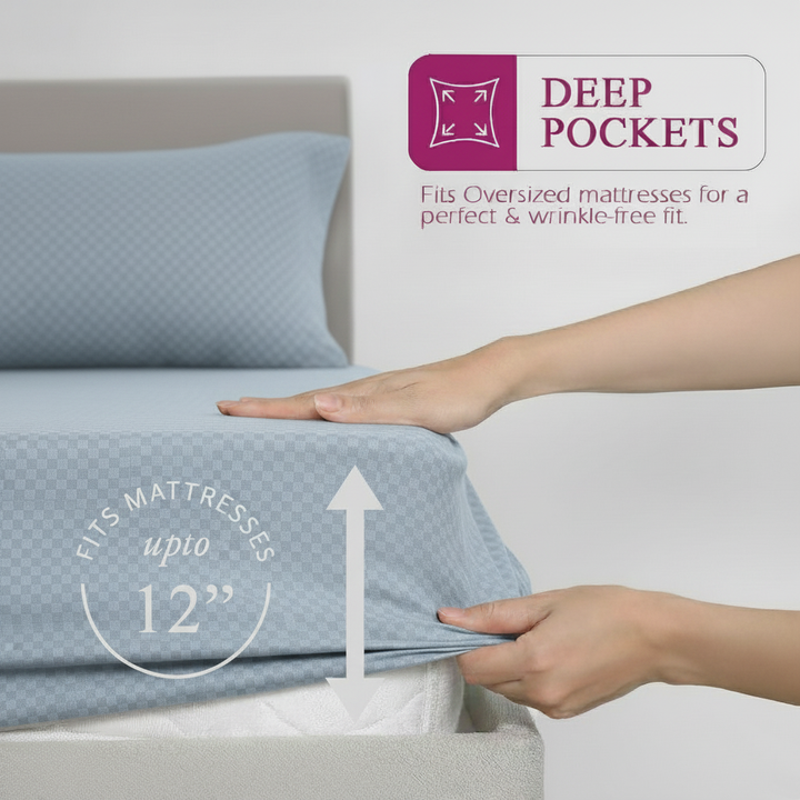 300TC 100% Cotton Jacquard Weave Fitted Bedsheet with Pillow Covers - Slate Blue