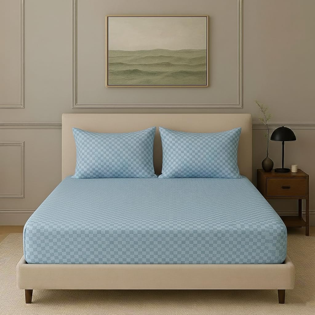 300TC 100% Cotton Jacquard Weave Checks Single Fitted Bedsheet with Pillow Cover