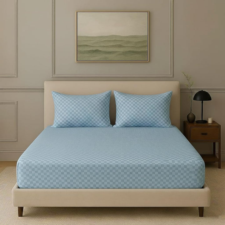 300TC 100% Cotton Jacquard Weave Checks Single Fitted Bedsheet with Pillow Cover