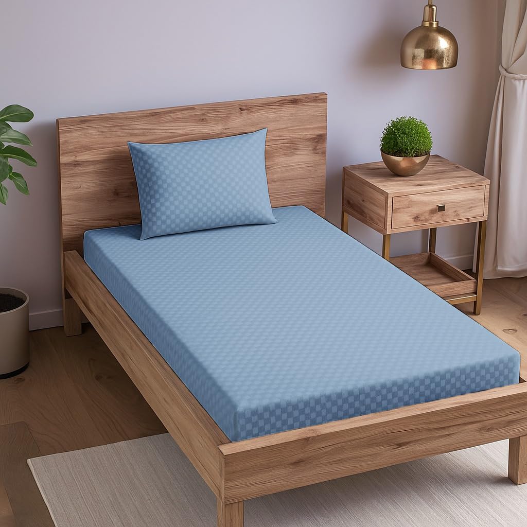 300TC 100% Cotton Jacquard Weave Checks Single Fitted Bedsheet with Pillow Cover