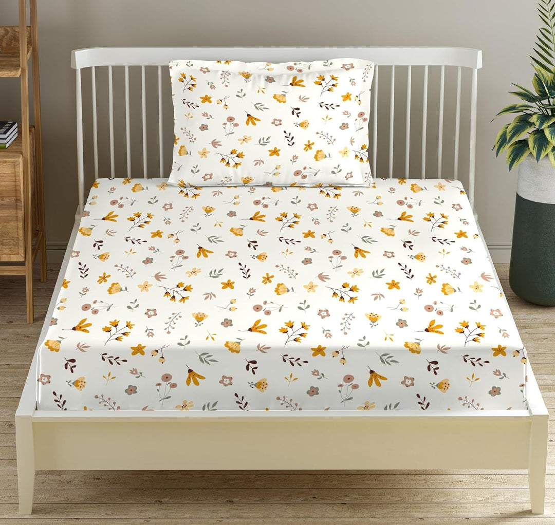 100% Cotton 180 TC  Printed Flat Bedsheet with Pillow Covers  - Soloce Yellow