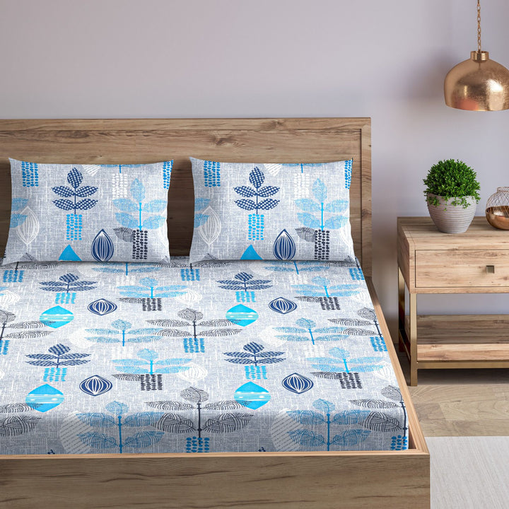 Cotton Printed Fitted Bedsheet with Pillow Covers (Textured Leaves 100% Cotton & 144 TC)