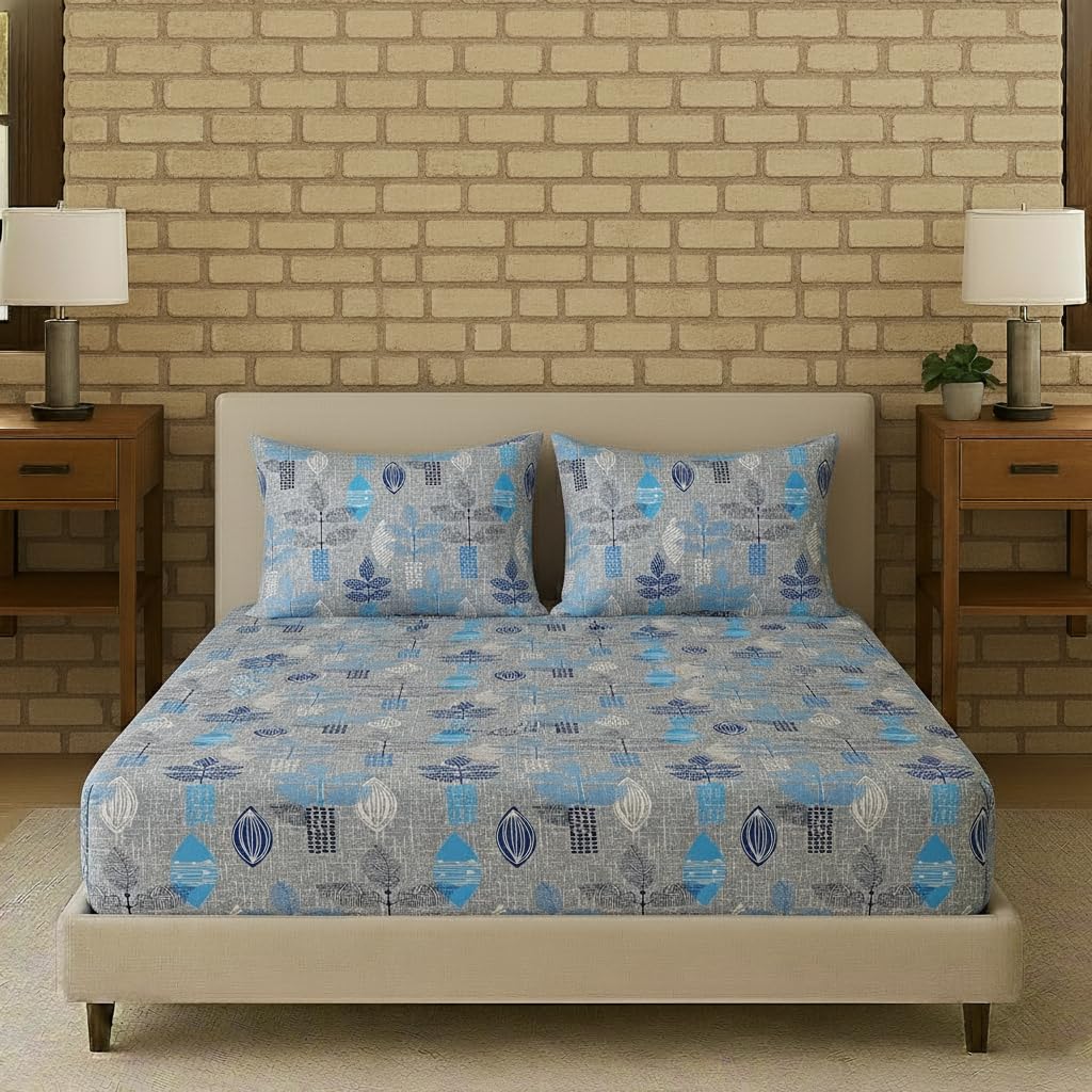 100% Cotton & 144 TC Cotton Printed Fitted Bedsheet with Pillow Covers (Textured Leaves)