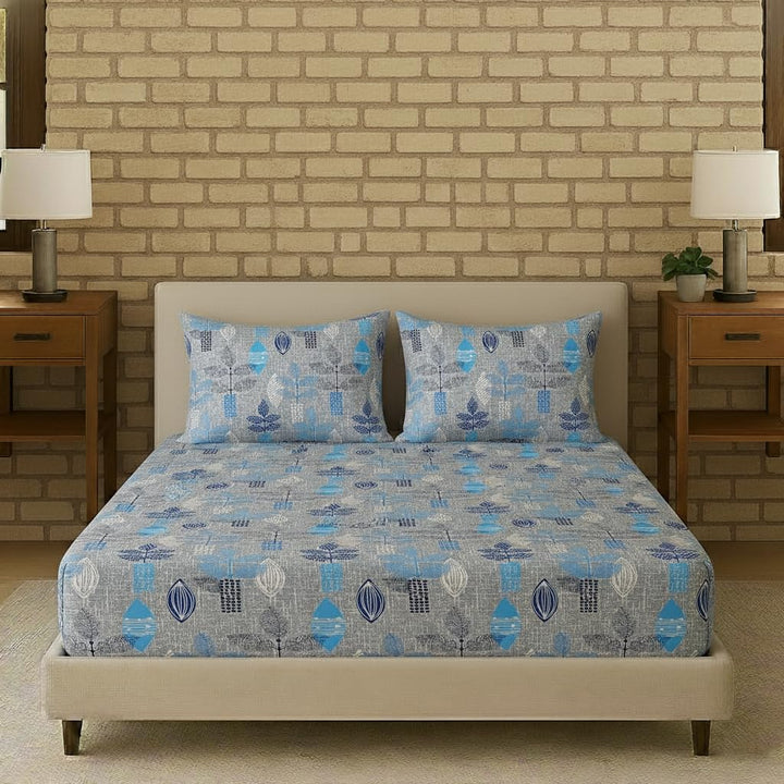 100% Cotton & 144 TC Cotton Printed Fitted Bedsheet with Pillow Covers (Textured Leaves)