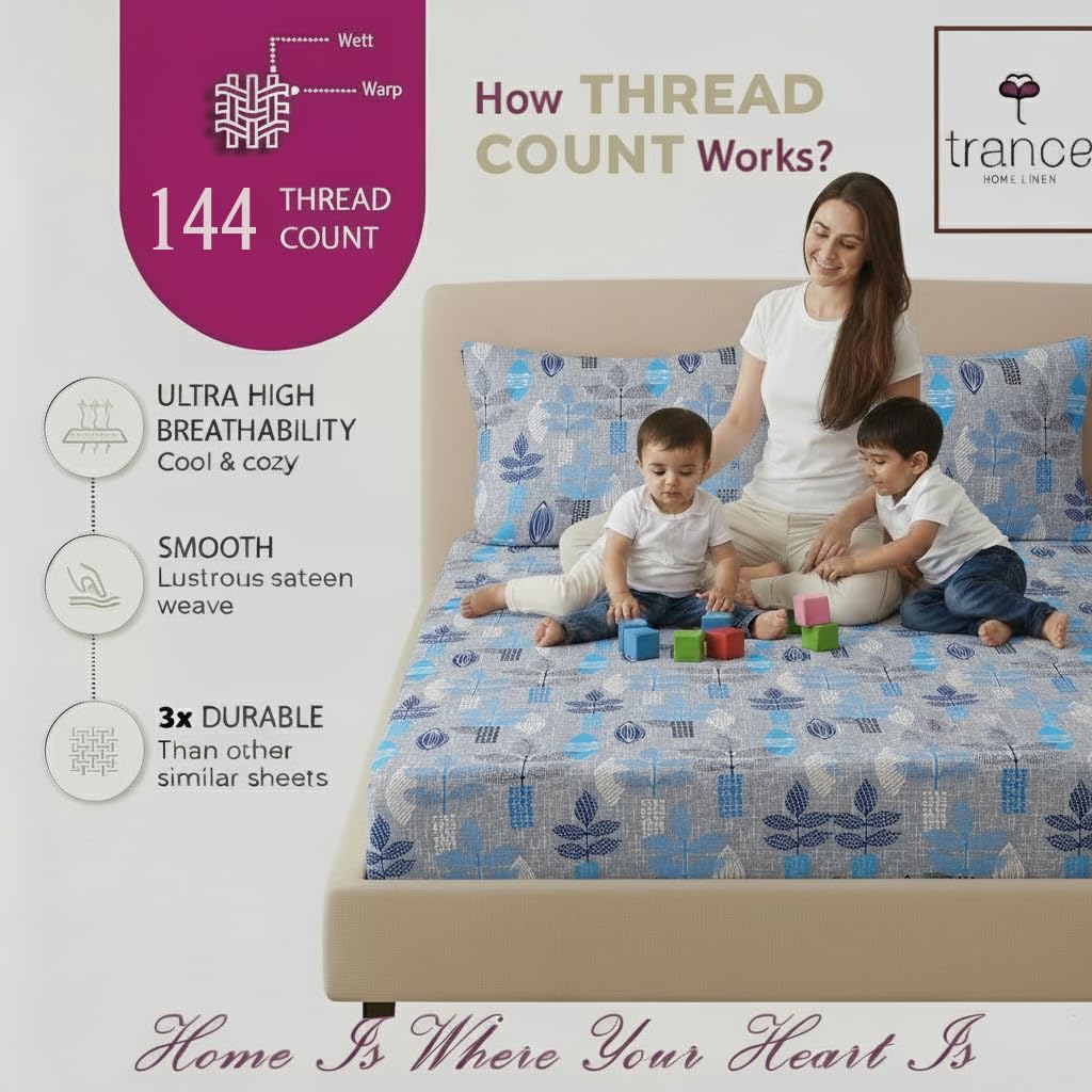 100% Cotton & 144 TC Cotton Printed Fitted Bedsheet with Pillow Covers (Textured Leaves)