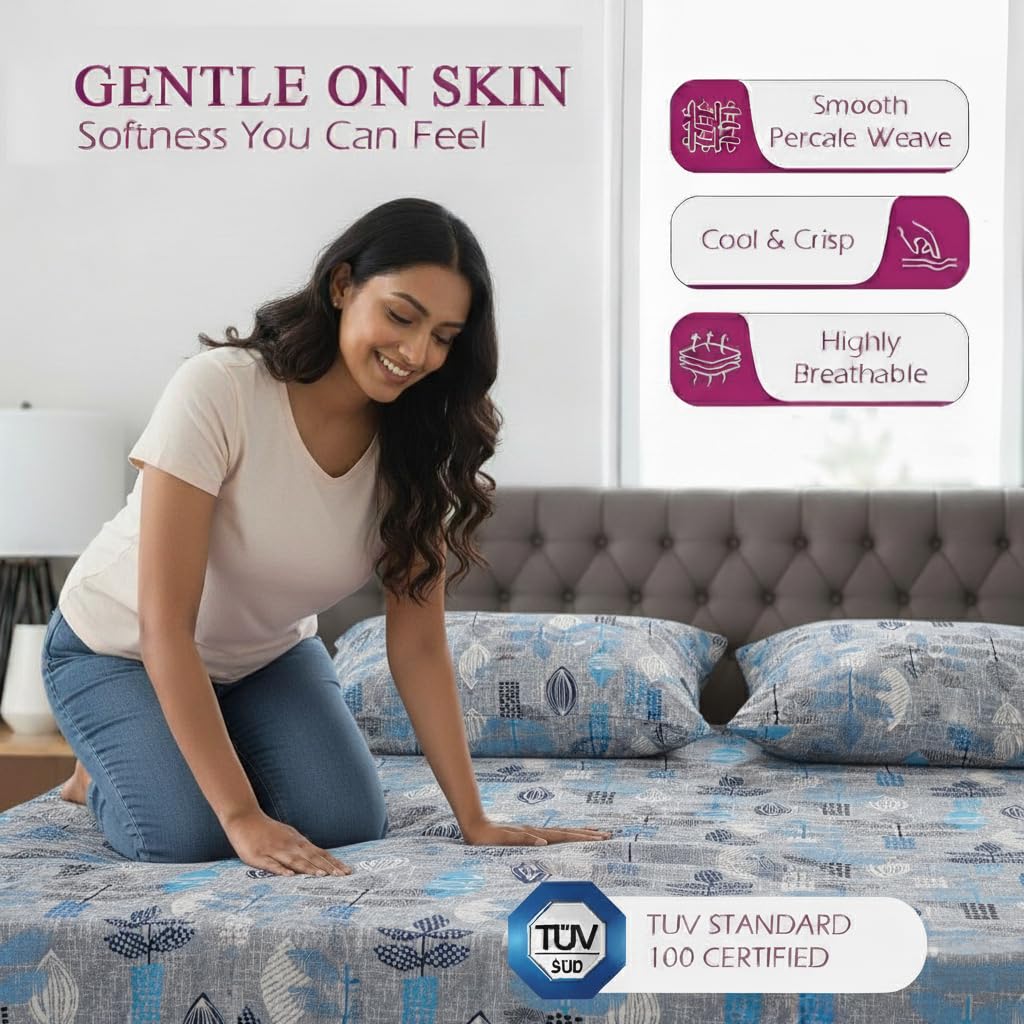 100% Cotton & 144 TC Cotton Printed Fitted Bedsheet with Pillow Covers (Textured Leaves)