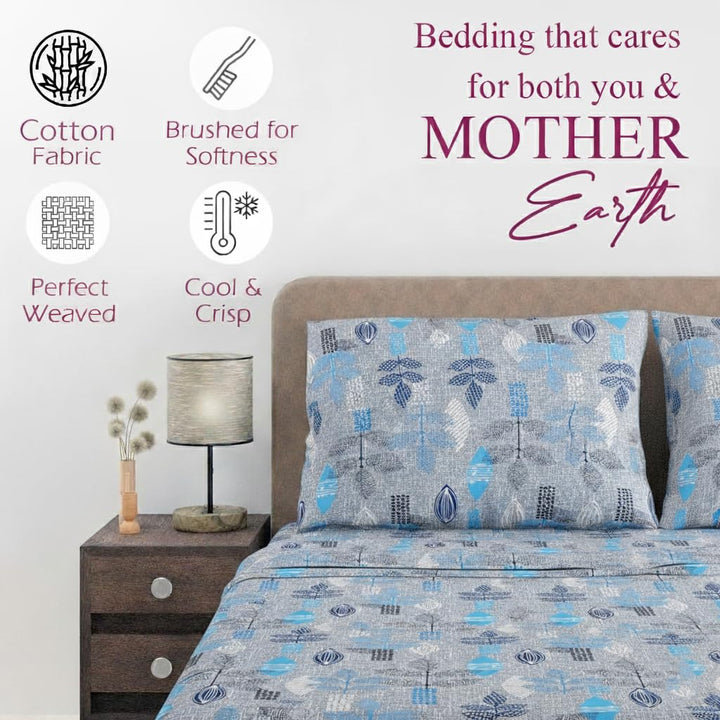 100% Cotton & 144 TC Cotton Printed Fitted Bedsheet with Pillow Covers (Textured Leaves)