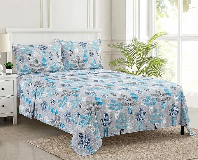 100% Cotton 144 TC  Printed Flat Bedsheet with Pillow Covers  - Textured Leaves