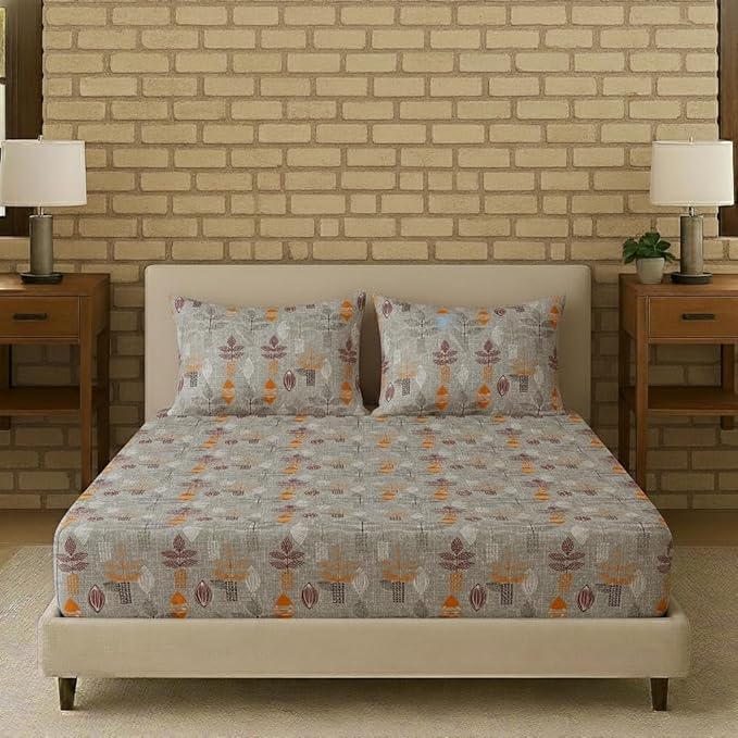 100% Cotton 144 TC  Printed Flat Bedsheet with Pillow Covers  - Textured Leaves