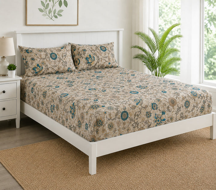 100% Cotton 144TC Printed Fitted Bedsheet with Pillow Covers -Kalamkari Collection