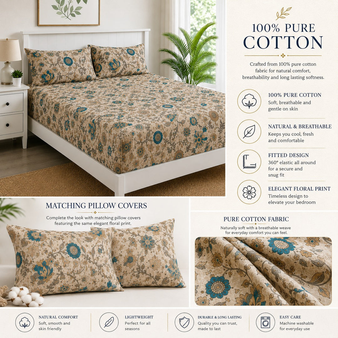 100% Cotton 144TC Printed Fitted Bedsheet with Pillow Covers -Kalamkari Collection