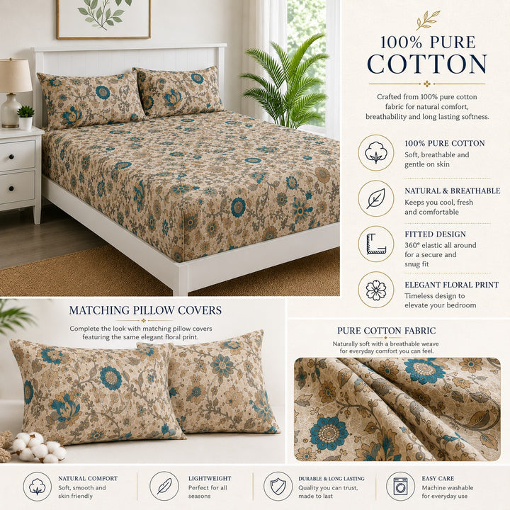 100% Cotton 144TC Printed Fitted Bedsheet with Pillow Covers -Kalamkari Collection
