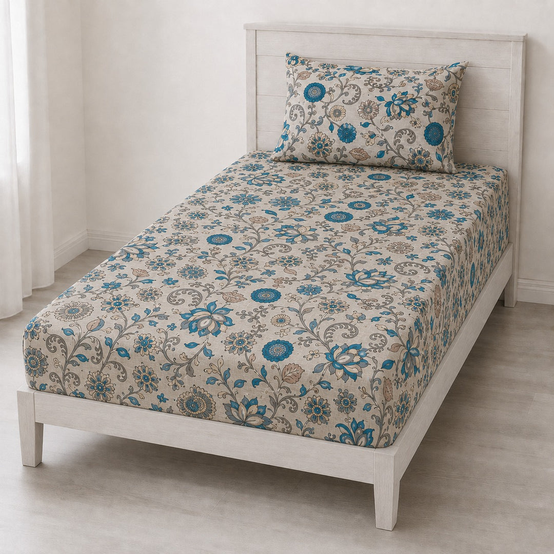 100% Cotton 144TC Printed Fitted Bedsheet with Pillow Covers -Kalamkari Collection
