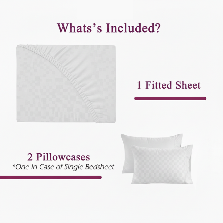 300TC 100% Cotton Jacquard Weave Fitted Bedsheet with Pillow Covers - White