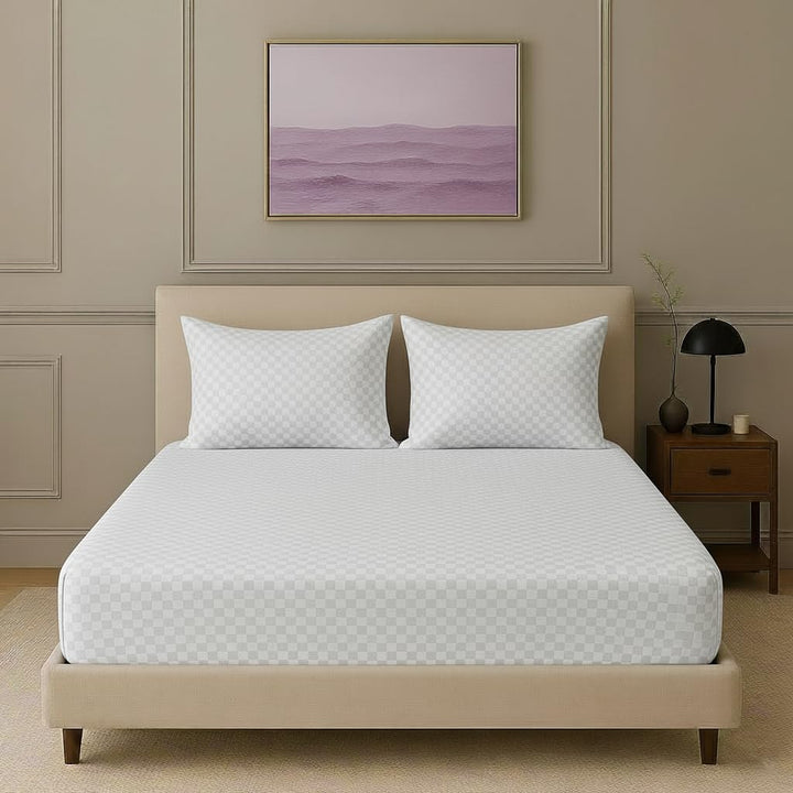 300TC 100% Cotton Jacquard Weave Checks Single Fitted Bedsheet with Pillow Cover