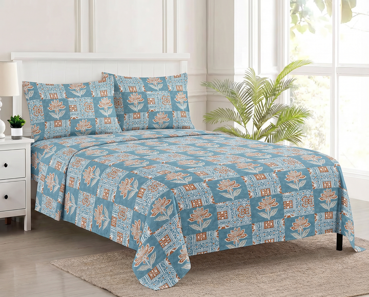 100%-Cotton 144TC-Bedsheet-King Size Printed Flat Bedsheet with 2 Pillow Covers-Ajrak