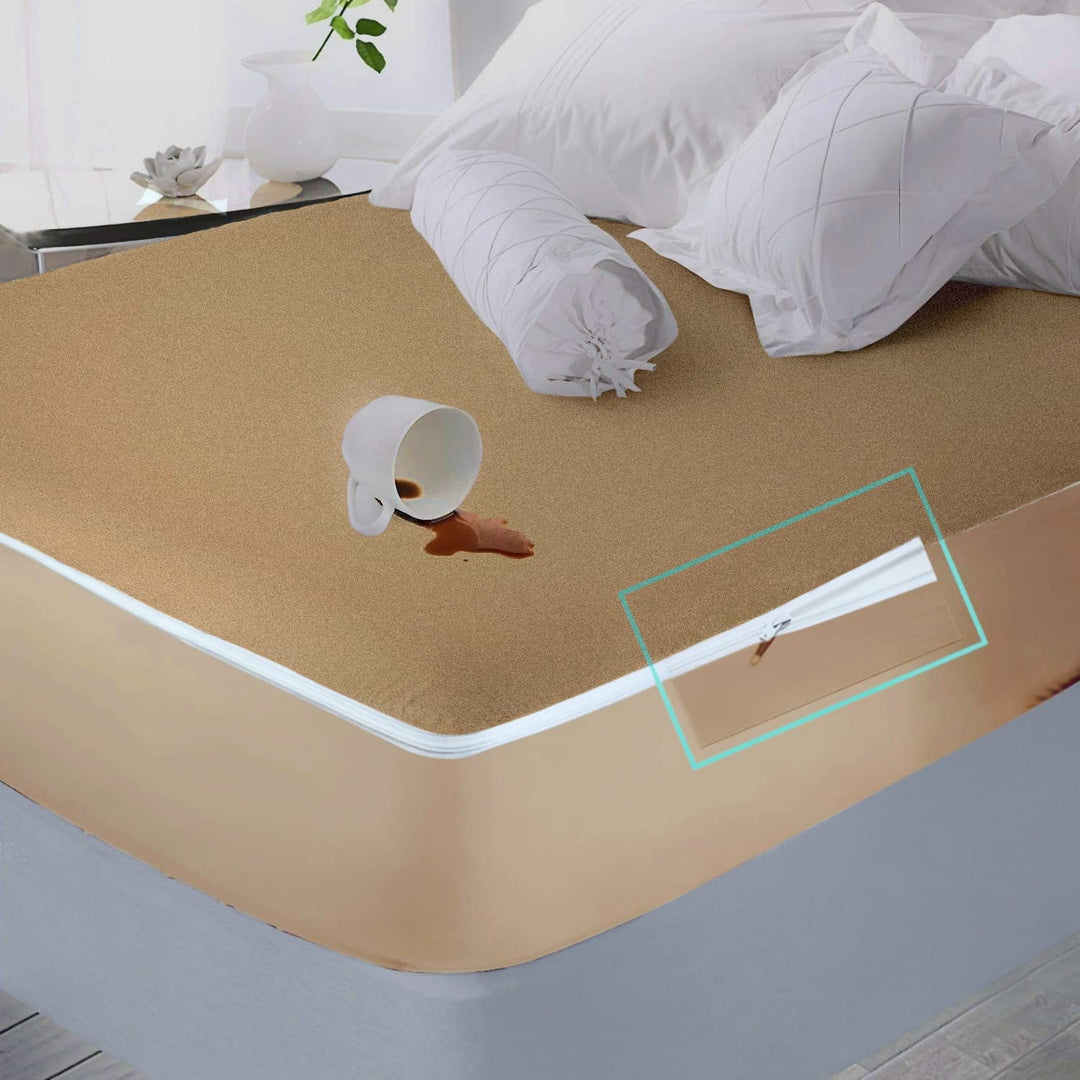 Cotton Zippered Chain  Waterproof Mattress Protector- Brown