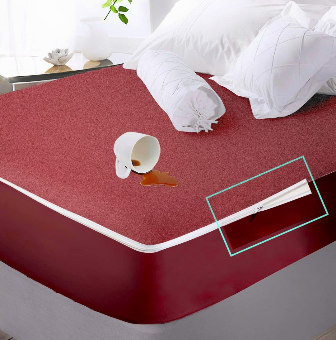 Cotton Zippered Chain  Waterproof Mattress Protector- Maroon