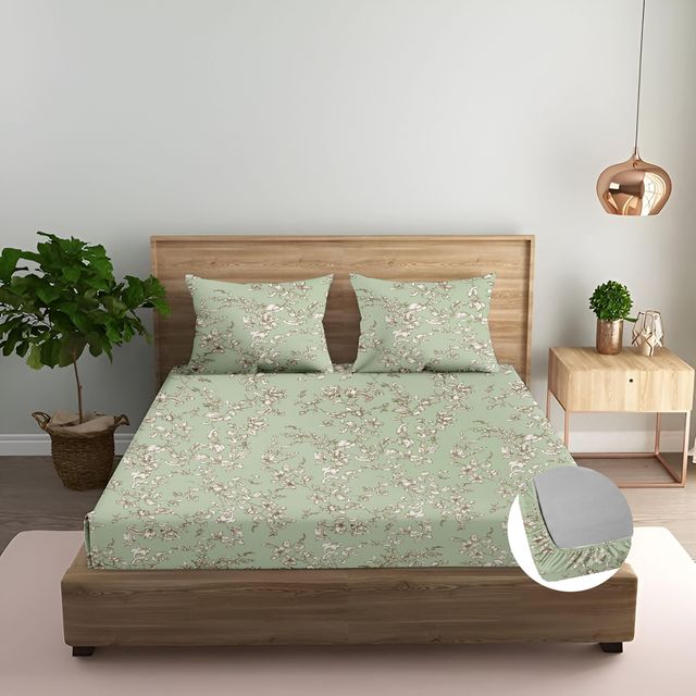 100% Cotton 210 TC Cotton Printed Fitted Bedsheet with Pillow Covers - Grape Vine