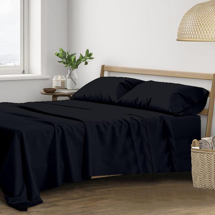 400 TC Cotton Plain Flat Bed Sheet with Pillow Covers - Black