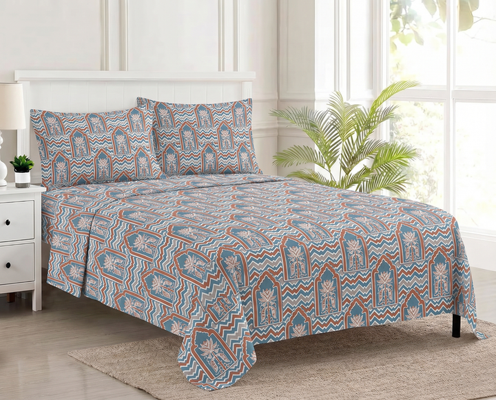 100%-Cotton 144TC-Bedsheet-King Size Printed Flat Bedsheet with 2 Pillow Covers-Mihrab