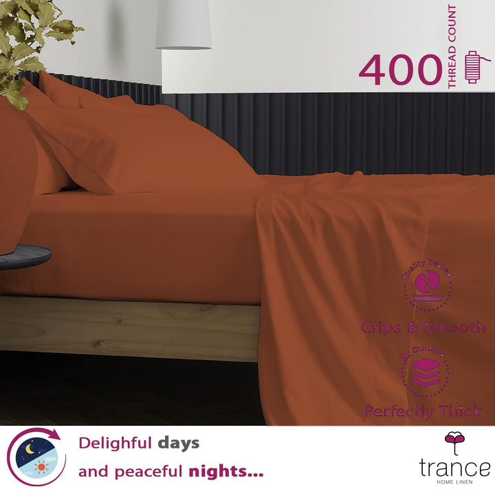 400 TC Cotton Plain Flat Bed Sheet with Pillow Covers -Orange Burnt