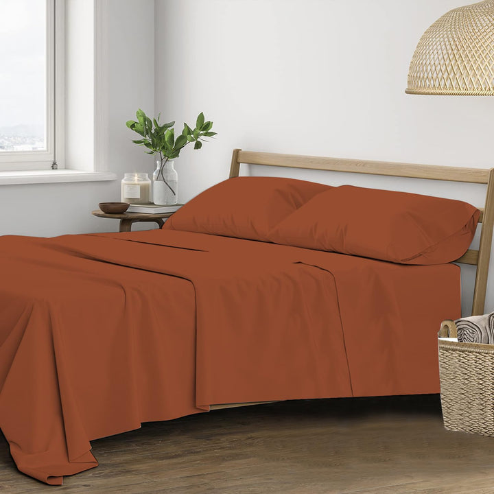 400 TC Cotton Plain Flat Bed Sheet with Pillow Covers -Orange Burnt