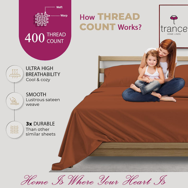 400 TC Cotton Plain Flat Bed Sheet with Pillow Covers -Orange Burnt