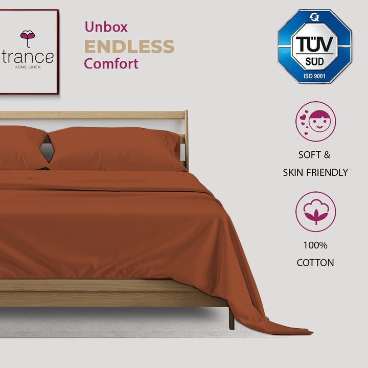 400 TC Cotton Plain Flat Bed Sheet with Pillow Covers -Orange Burnt