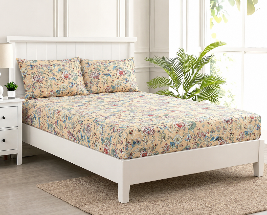 100% Cotton & 180 TC Cotton Printed Fitted Bedsheet with Pillow Covers (Malhaar )
