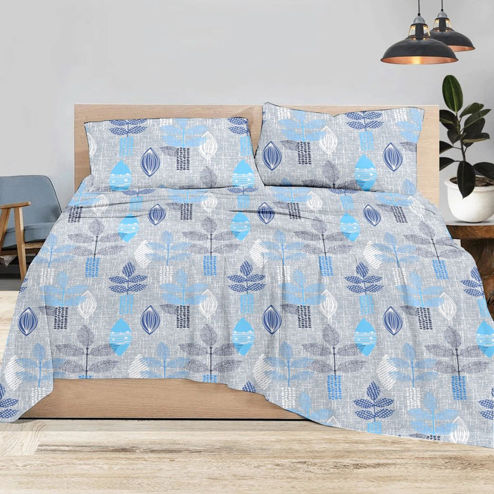 Cotton Printed Flat Bedsheet with Pillow Covers (Textured Leaves 100% Cotton & 144 TC)