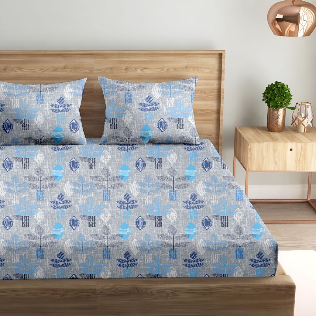Cotton Printed Fitted Bedsheet with Pillow Covers (Textured Leaves 100% Cotton & 144 TC)