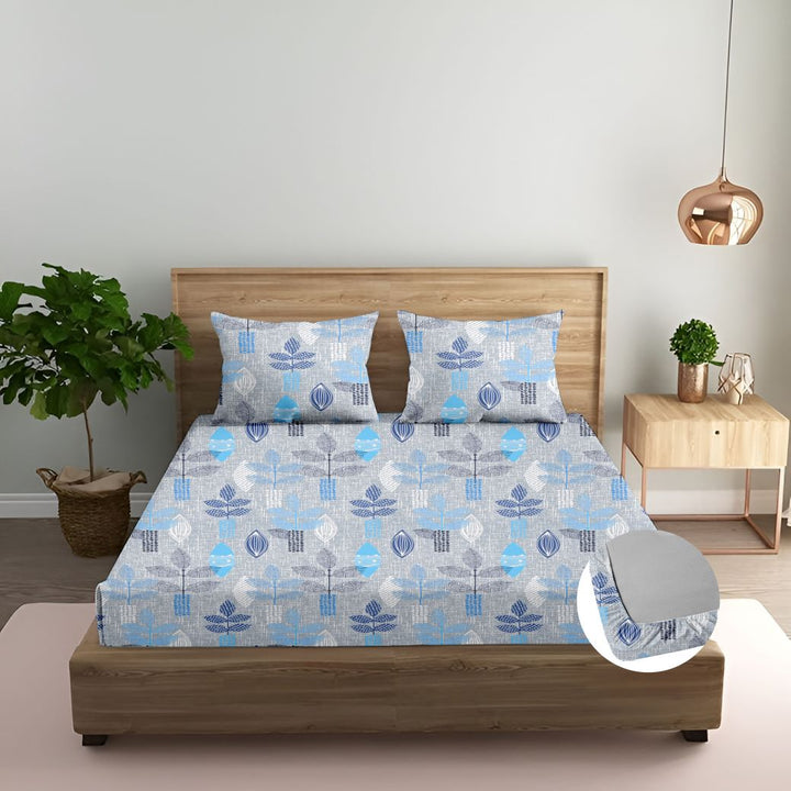Cotton Printed Fitted Bedsheet with Pillow Covers (Textured Leaves 100% Cotton & 144 TC)