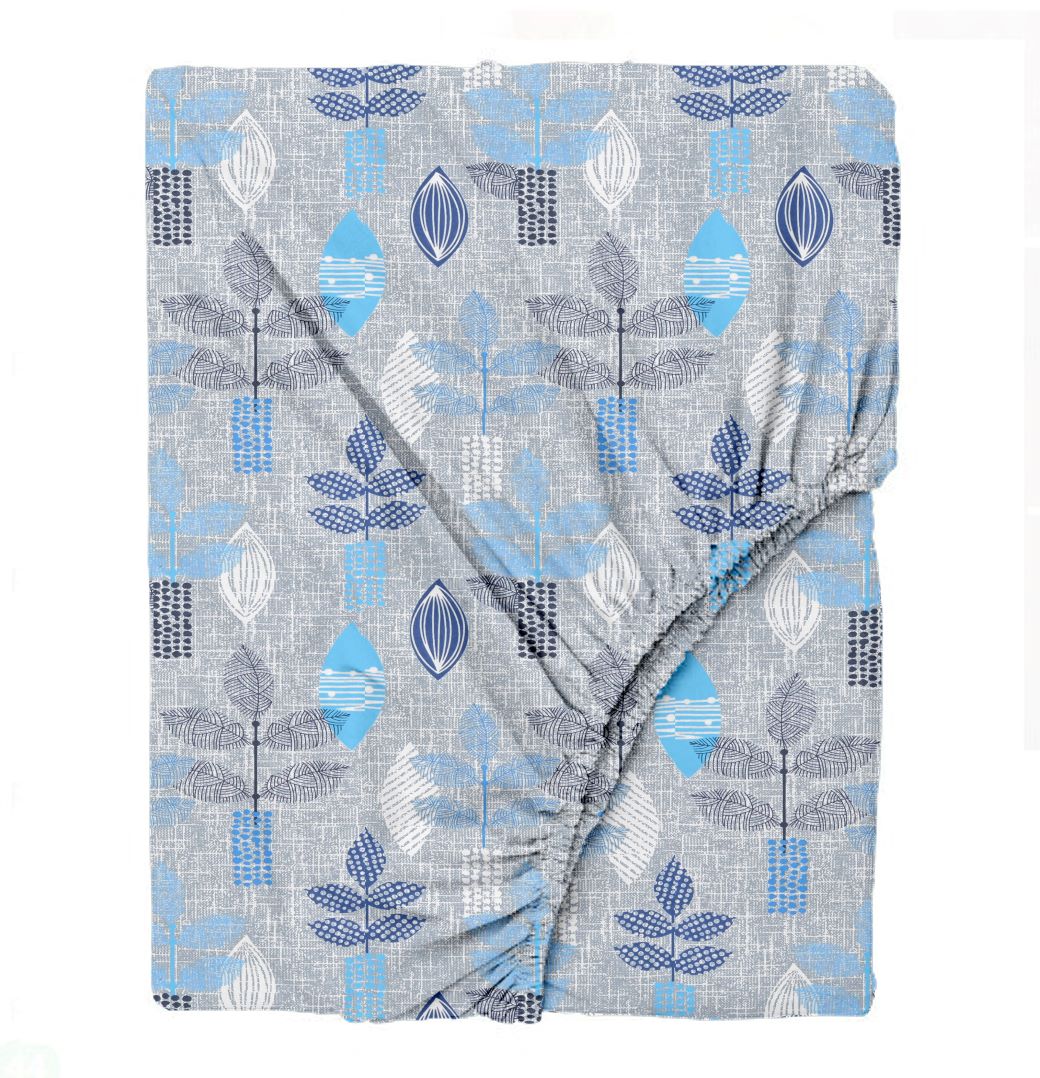 Cotton Printed Fitted Bedsheet with Pillow Covers (Textured Leaves 100% Cotton & 144 TC)