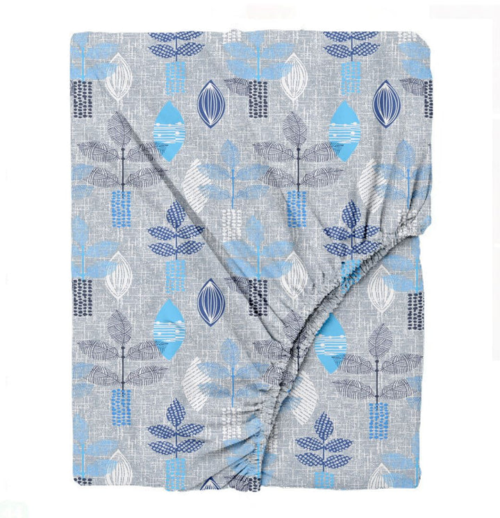 Cotton Printed Fitted Bedsheet with Pillow Covers (Textured Leaves 100% Cotton & 144 TC)