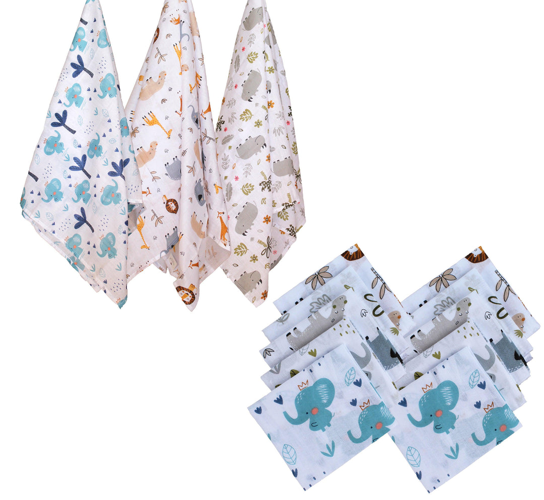 Combo of Soft 100% Cotton Malmal 3pc Baby Swaddle Cloth and 10pc Wash Cloths - Trance Home Linen
