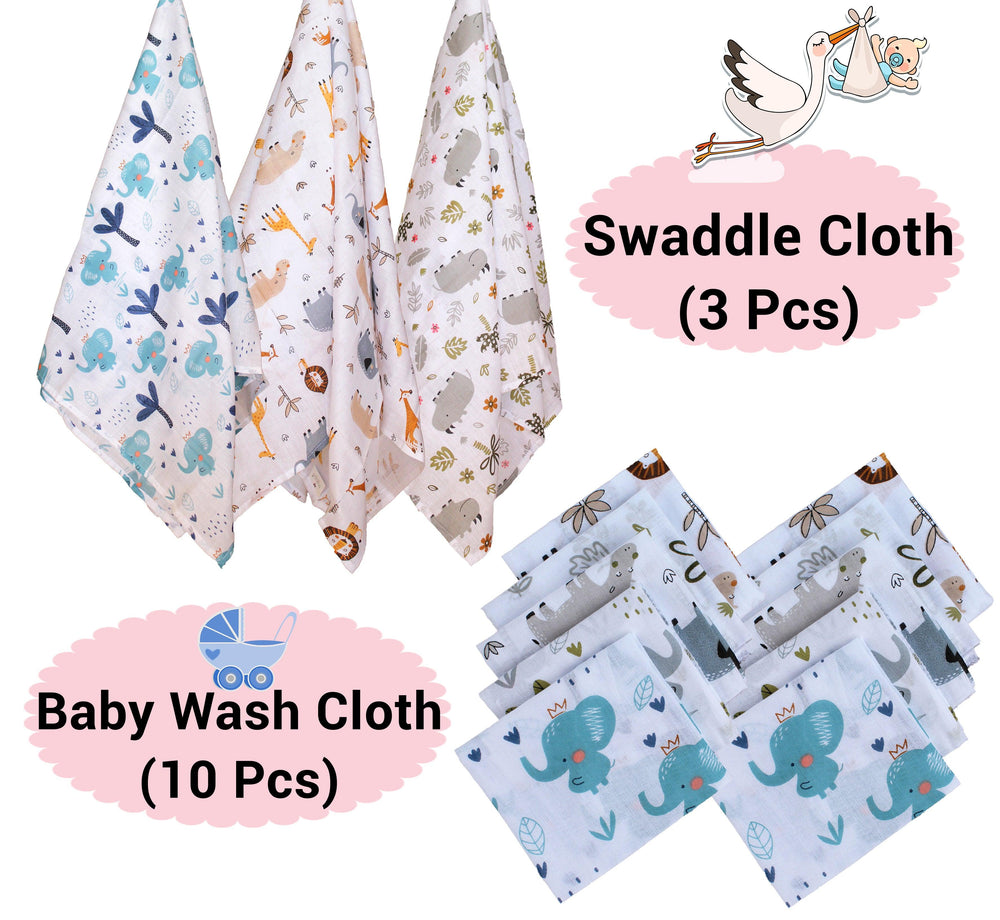 Combo of Soft 100% Cotton Malmal 3pc Baby Swaddle Cloth and 10pc Wash Cloths - Trance Home Linen