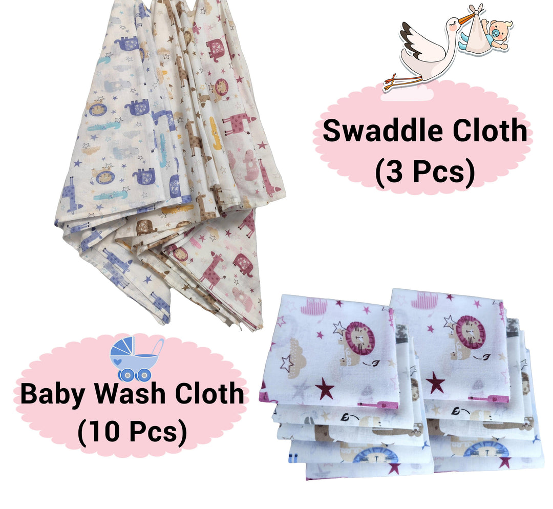 Combo of Soft 100% Cotton Malmal 3pc Baby Swaddle Cloth and 10pc Wash Cloths - Trance Home Linen