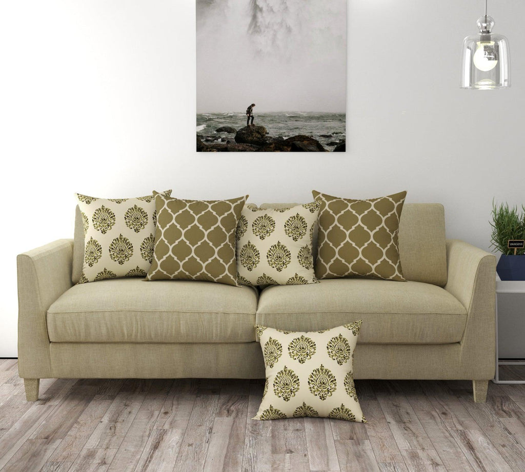 Cotton Cushion Covers for Sofa and Diwan Pillow Covers (Damask Dori  Forest Green Set of 5)