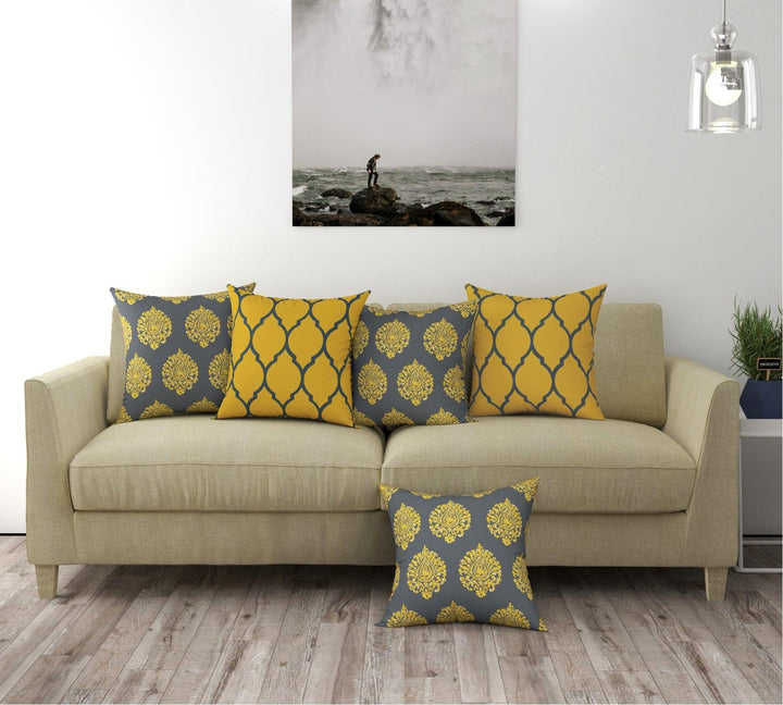 Cotton Cushion Covers for Sofa and Diwan Pillow Covers (Damask & Dori Mustard Yellow & Set of 5) - Trance Home Linen