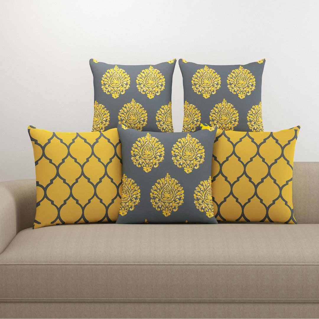 Cotton Cushion Covers for Sofa and Diwan Pillow Covers (Damask & Dori Mustard Yellow & Set of 5) - Trance Home Linen