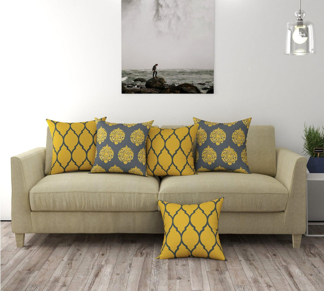 Cotton Cushion Covers for Sofa and Diwan Pillow Covers (Damask & Dori Mustard Yellow & Set of 5) - Trance Home Linen