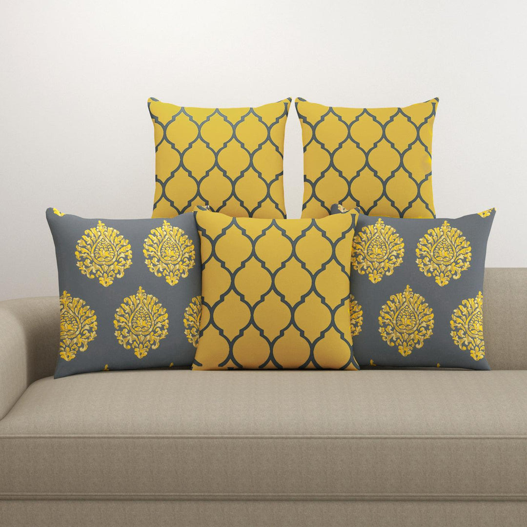 Cotton Cushion Covers for Sofa and Diwan Pillow Covers (Damask & Dori Mustard Yellow & Set of 5) - Trance Home Linen