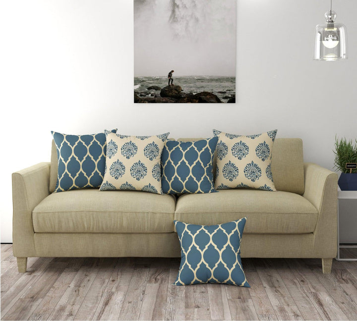 Cotton Cushion Covers for Sofa and Diwan Pillow Covers (Damask Dori Blue & Set of 5) - Trance Home Linen