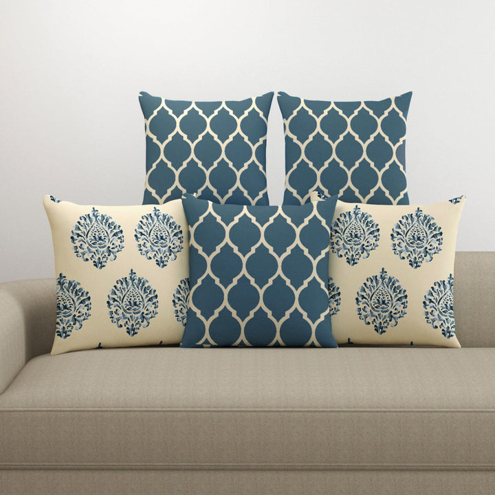 Cotton Cushion Covers for Sofa and Diwan Pillow Covers (Damask Dori Blue & Set of 5) - Trance Home Linen