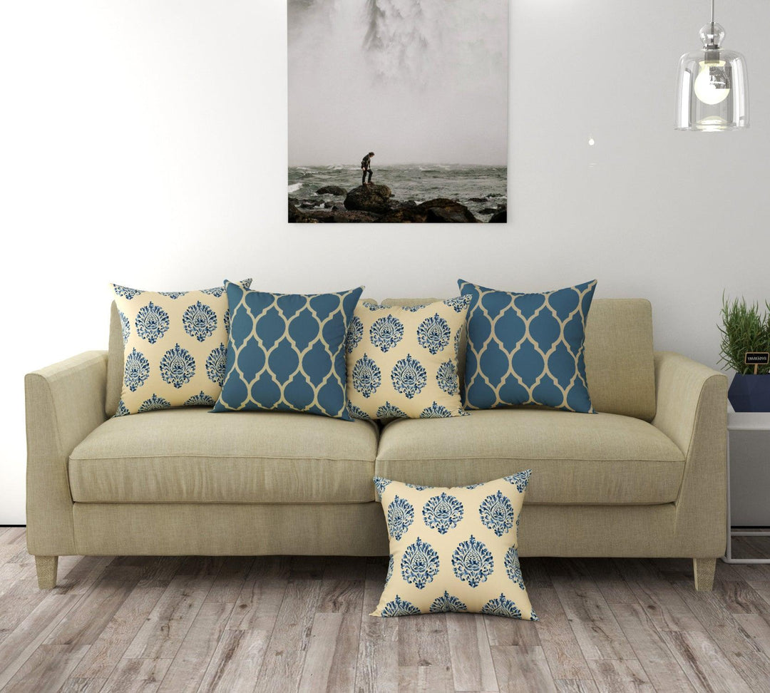 Cotton Cushion Covers for Sofa and Diwan Pillow Covers (Damask Dori Blue & Set of 5) - Trance Home Linen