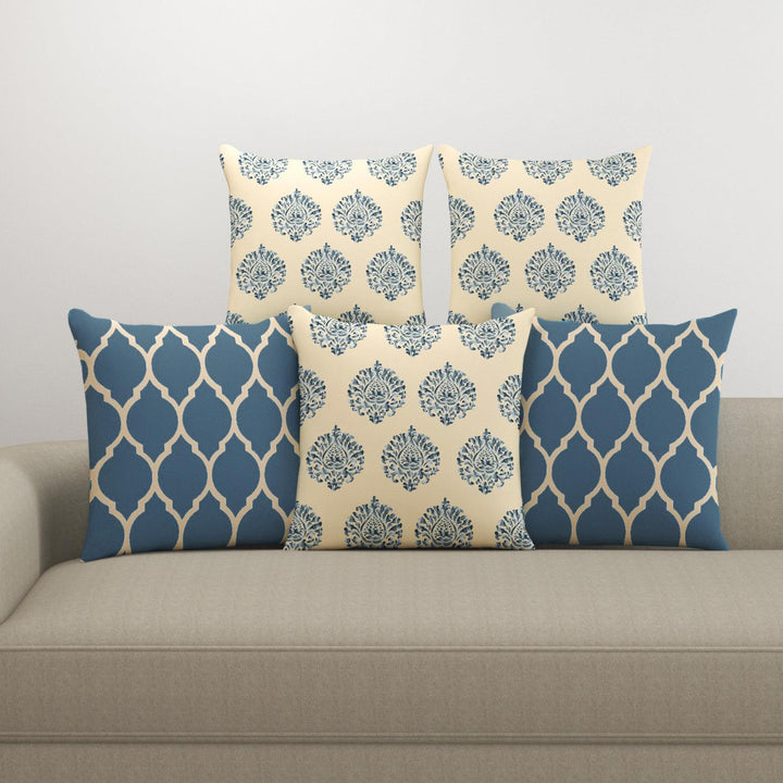 Cotton Cushion Covers for Sofa and Diwan Pillow Covers (Damask Dori Blue & Set of 5) - Trance Home Linen