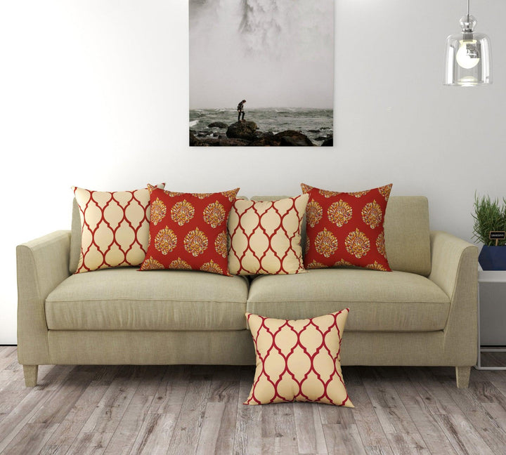 Cotton Cushion Covers for Sofa and Diwan Pillow Covers (Damask Dori Red & Set of 5) - Trance Home Linen