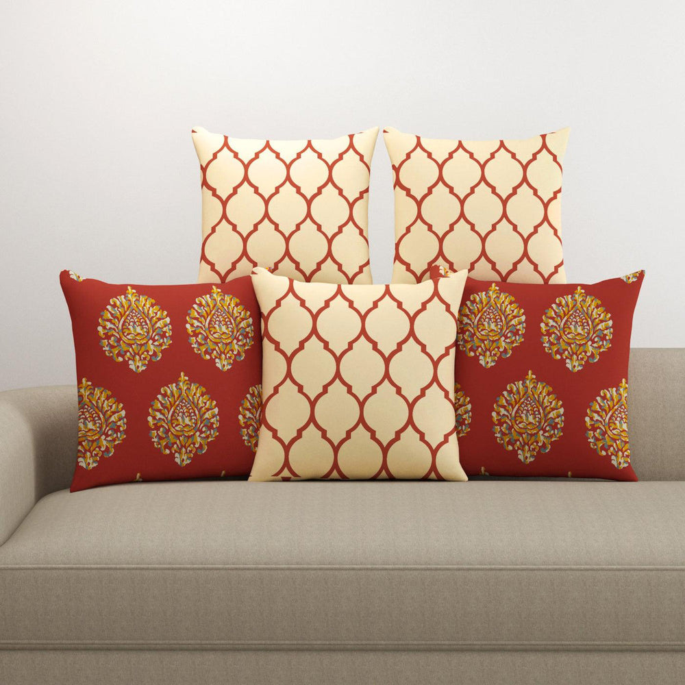 Cotton Cushion Covers for Sofa and Diwan Pillow Covers (Damask Dori Red & Set of 5) - Trance Home Linen