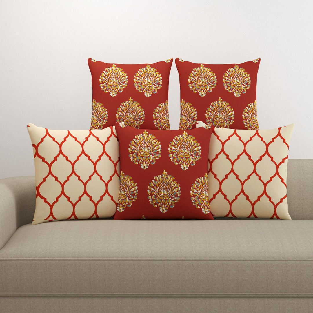 Cotton Cushion Covers for Sofa and Diwan Pillow Covers (Damask Dori Red & Set of 5) - Trance Home Linen